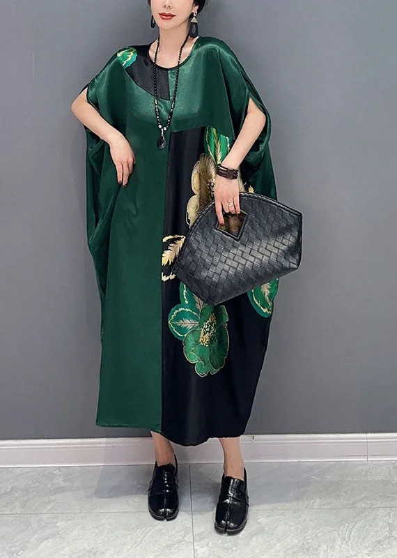 Exclusive Access v-neck dressv-neck dressWomen Blackish Green Oversized Patchwork Print Silk Dress Batwing Sleeve