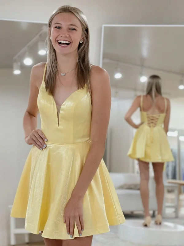 Savings Galore bodycon dressbodycon dressA Line V Neck Yellow Satin Short Prom Dresses, V Neck Yellow Homecoming Dresses, Yellow Formal Graduation Evening Dresses