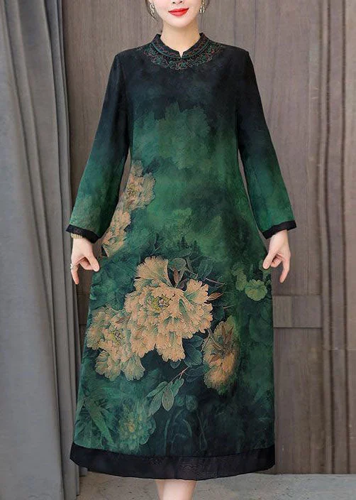 ashionable dressGreen Patchwork Silk Chinese Style Dress Stand Collar Fall