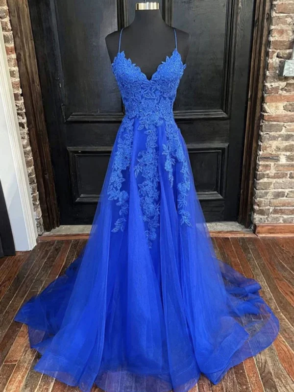 Discount Days textured dresstextured dressV Neck Open Back Blue Lace Long Prom Dresses, Blue Formal Dresses with Lace Appliques, Blue Evening Dresses SP2570