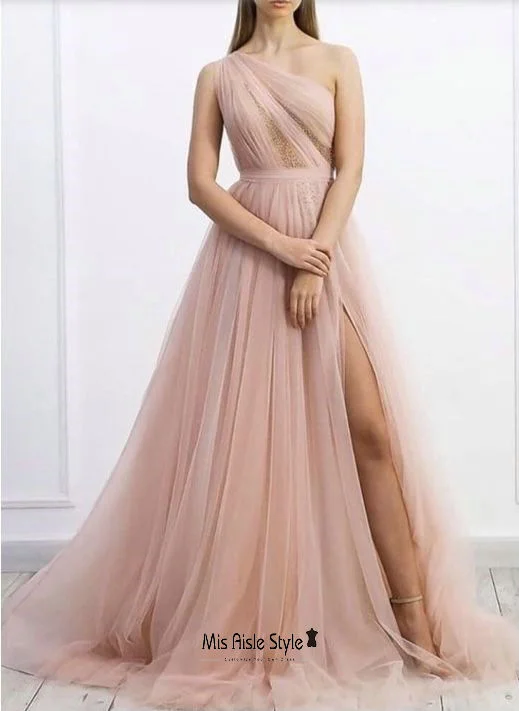 Quick Sale A-line dressA-line dressSexy Slit One Shoulder Blush Tulle Evening Dress