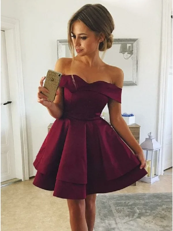 Special Savings casual dresscasual dressCute Off Shoulder Layered Burgundy Short Prom Dresses, Layered Burgundy Homecoming Dresses