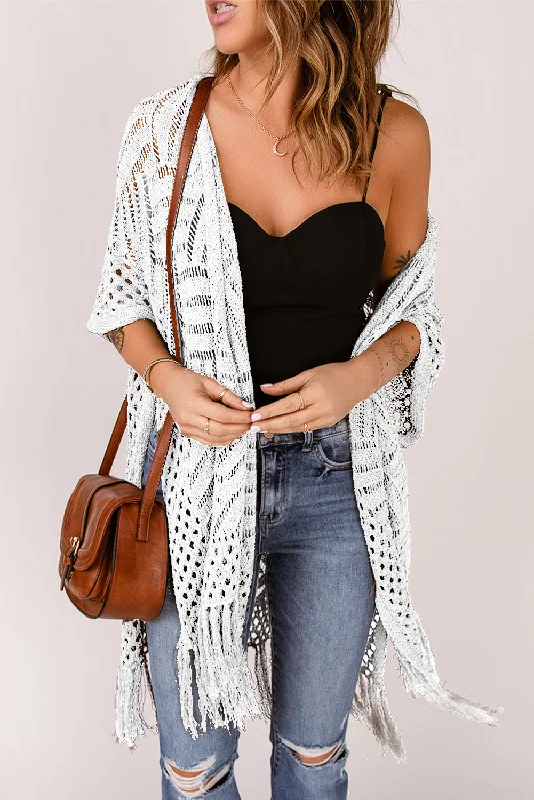 Overstock Openwork Open Front Cardigan with Fringes
