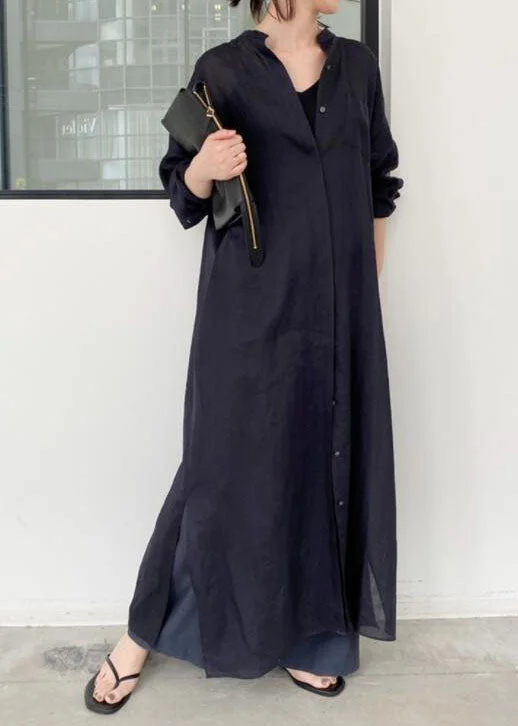 Price Cut printed dressprinted dressFrench Black Oversized Side Open Linen Shirt Dresses Spring