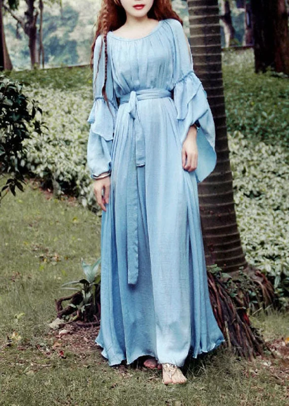 Amazing Deals sophisticated dresssophisticated dressFitted Blue O-Neck Tie Waist Exra Large Hem Silk Long Dresses Petal Sleeve