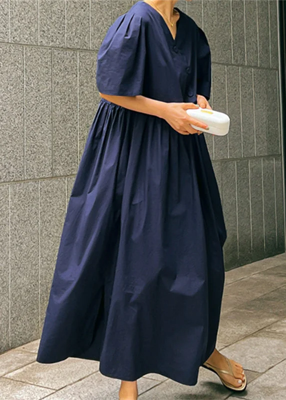 stylish dressLoose Navy V Neck Wrinkled Button Cotton Maxi Dresses Short Sleeve