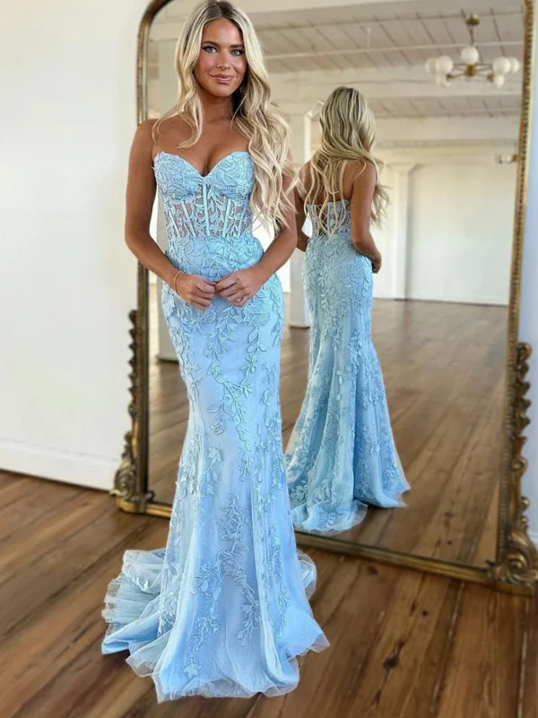 Super Sale fitted dressfitted dressStrapless Mermaid Light Blue Lace Long Prom Dresses, Light Blue Lace Formal Graduation Evening Dresses SP2577