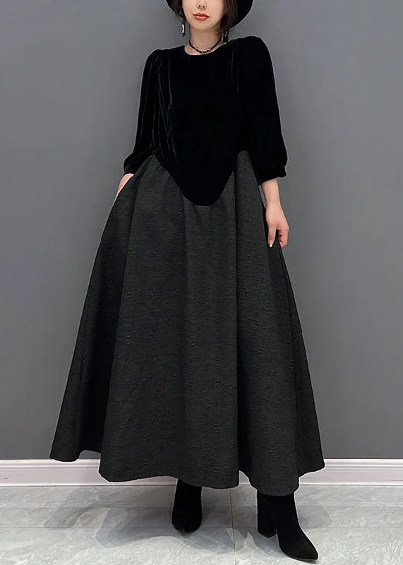 Price Blitz midi dressmidi dressFine Black O-Neck Asymmetrical Patchwork Silk Velour Dress Fall