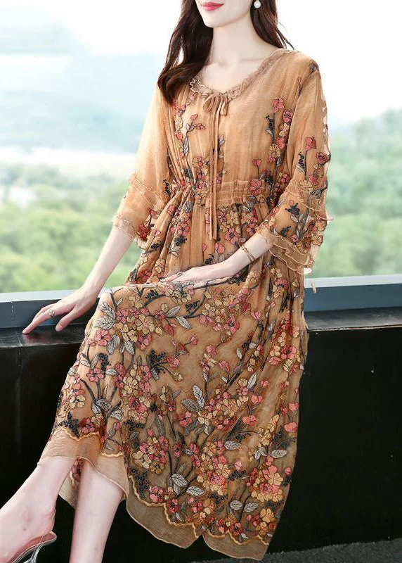 YEAR-End Clearance playful dressplayful dressPlus Size Khaki Embroideried Cinched Silk Maxi Dresses Bracelet Sleeve