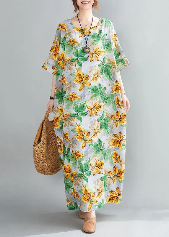 printed dressBohemian Yellow Green O-Neck Leaf Print Cotton Long Dress Short Sleeve