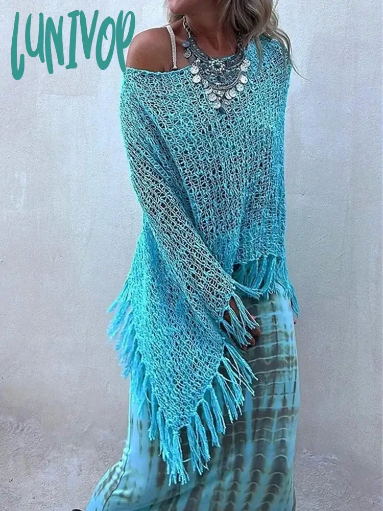 Instant Discount Lunivop Round Neck Solid Batwing Sleeve Blouse Summer Women Loose Casual Beach Pullovers Female Hollow Out Tassel Patchwork Tops Blusa