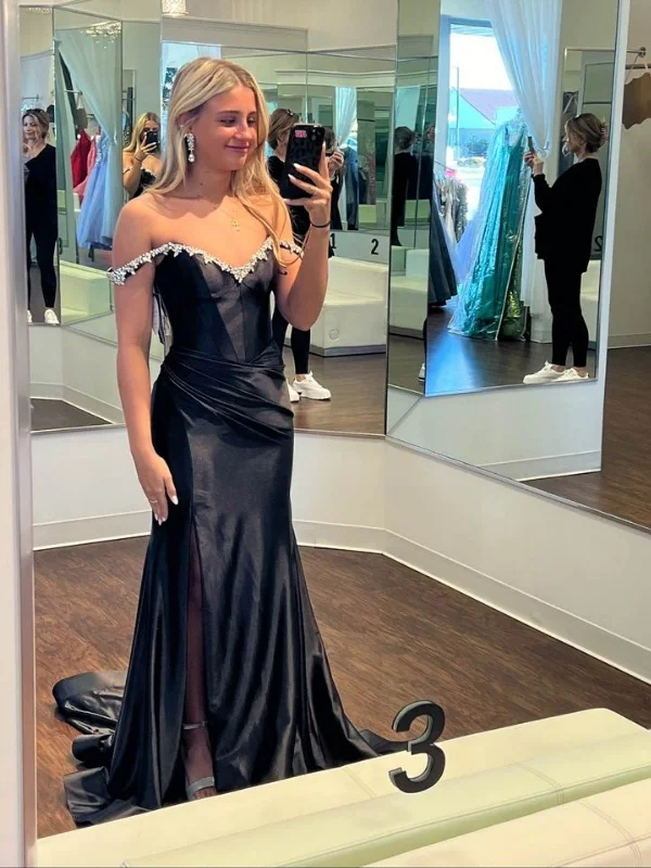 Low Prices boho dressboho dressOff Shoulder Mermaid Beaded Black Satin Long Prom Dresses with Side Slit, Off the Shoulder Black Formal Graduation Evening Dresses SP3068