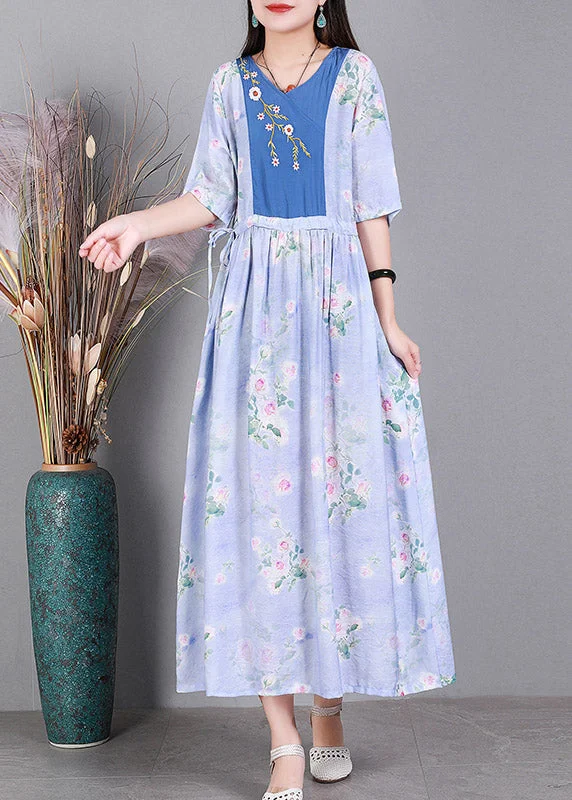 long-sleeve floral dressVogue Blue V Neck Embroideried Print Patchwork Silk Holiday Dress Short Sleeve