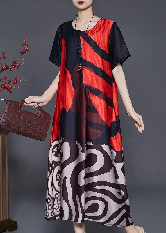 chic slip dressCasual Red Oversized Print Silk Holiday Dress Summer