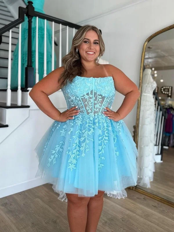 Super Sale trendy bodycon dresstrendy bodycon dressStrapless Light Blue Lace Short Prom Dresses, Light Blue Lace Homecoming Dresses SP3016