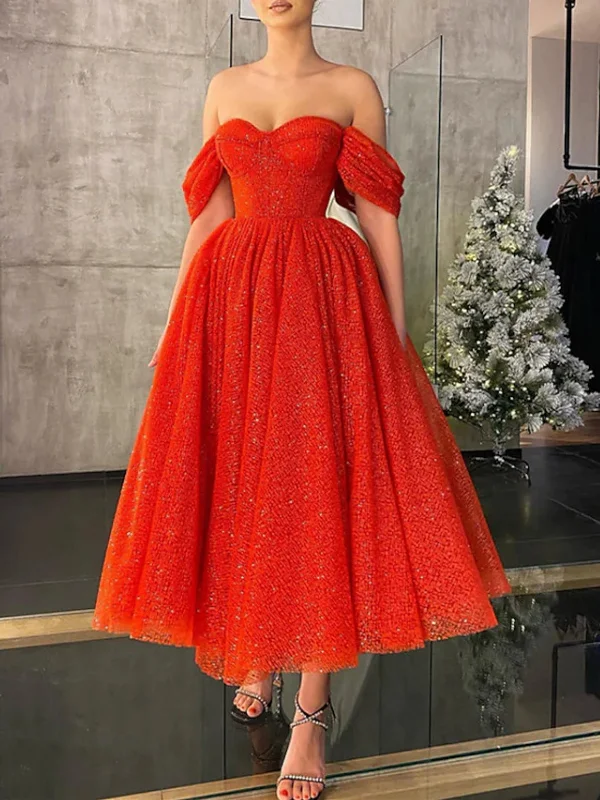 Seasonal Sale evening dressevening dressShiny Tulle Off Shoulder Red Tea Length Prom Dresses, Off the Shoulder Red Homecoming Dresses, Red Formal Evening Dresses SP2537