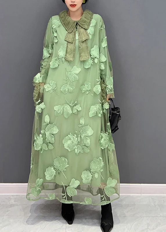 Major Savings sophisticated dresssophisticated dressWomen Green Peter Pan Collar Embroideried Patchwork Tulle Long Dresses Long Sleeve