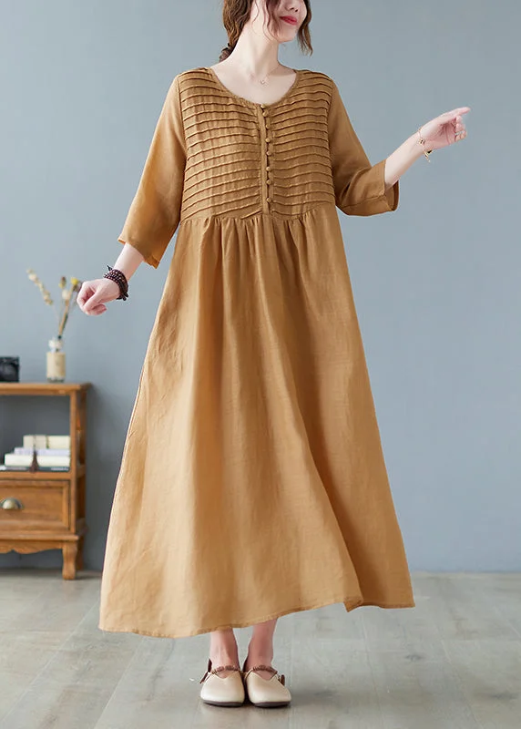 Bonus Savings wrap-around dresswrap-around dressWomen Square Neck Pleated Casual Maxi Vintage Dress Yellow