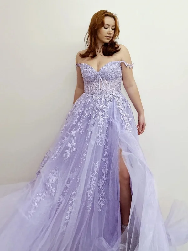 Major Savings textured dresstextured dressOff Shoulder Purple Lace Long Prom Dresses with High Slit, Purple Lace Formal Dresses, Purple Evening Dresses SP2641