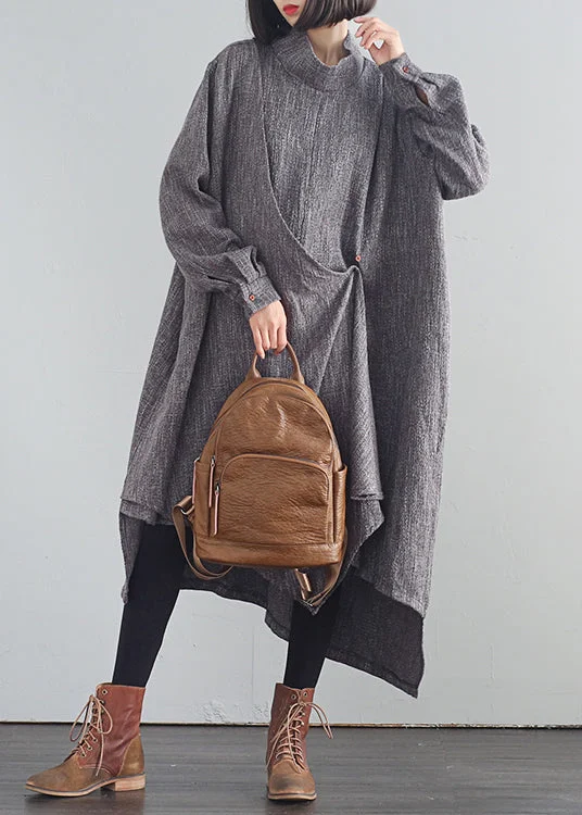 Big Discounts elegant dresselegant dressStylish Dark Gray Turtleneck Asymmetrical Low High Design Cotton Long Dresses Fall