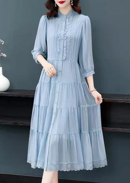 ruffle dressClassy Blue Ruffled Button Patchwork Silk Long Dresses Summer