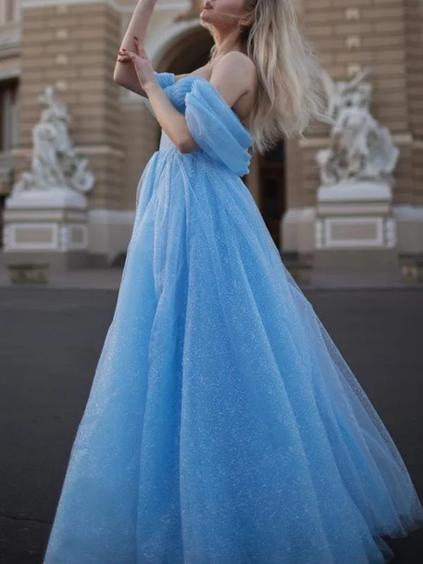 Weekend Deal luxury dressluxury dressOff Shoulder Light Blue Tulle Long Prom Dresses with High Slit, Light Blue Tulle Formal Graduation Evening Dresses SP2761