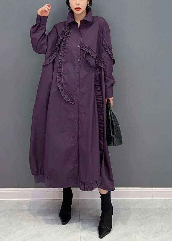 Massive Deals floral dressfloral dressWomen Purple Peter Pan Collar Ruffled Cotton Long Dress Spring