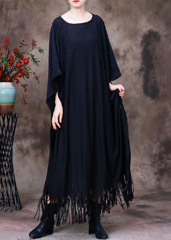 satin dressStyle Black O-Neck Tassel Maxi Dress Long Sleeve