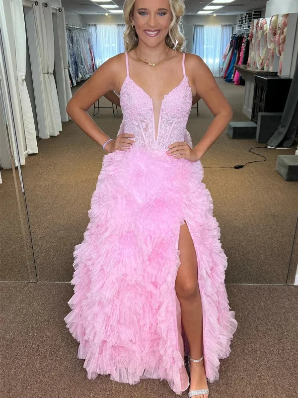Today Only off-the-shoulder dressoff-the-shoulder dressV Neck Pink Lace Long Prom Dresses with High Slit, Pink Lace Formal Dresses, Pink Ruffle Evening Dresses SP2813