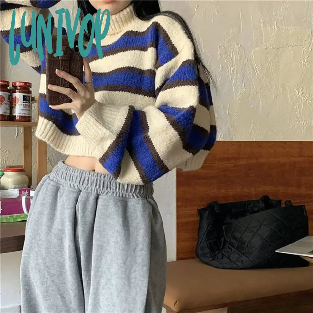 Year-End Sale Lunivop Sweater Women Sexy Cropped Turtleneck Striped Pullovers Streetwear Korean Loose Long Sleeve Knitted Sweater Chic Lady Tops