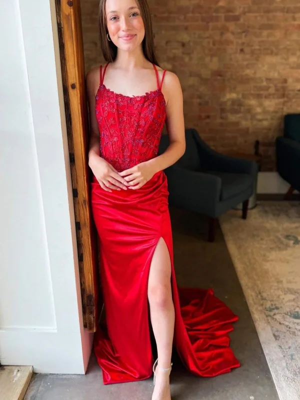 Exclusive Online Offer v-neck dressv-neck dressOpen Back Mermaid Red Lace Long Prom Dresses with High Slit, Red Lace Formal Dresses, Red Evening Dresses with Train SP2812