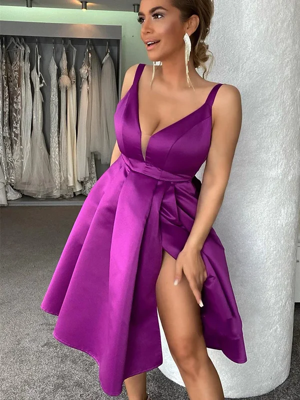 Factory Direct Sale chic dresschic dressV Neck Purple Short Prom Homecoming Dresses with High Slit, Short Purple Formal Graduation Evening Dresses SP2426