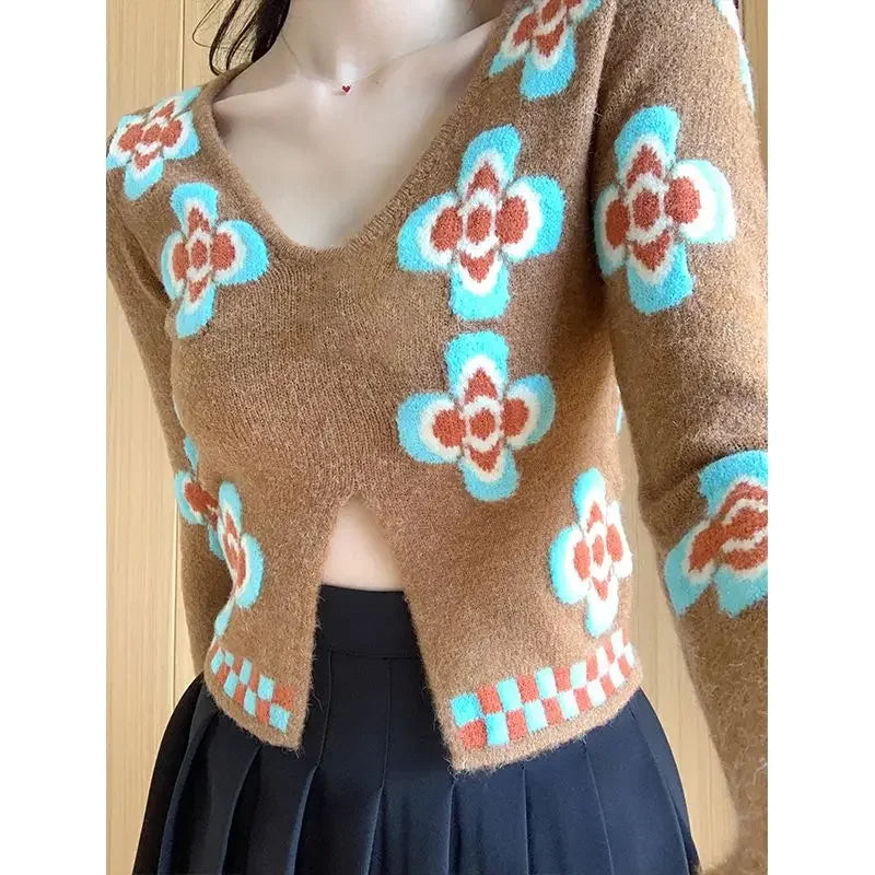 Deal Dash Lunivop Short Sweet Floral Print Slim Fit Crop Tops V Neck Knitted Sweaters Split Pullovers Preppy Style Japanese Korean Vintage Elegant