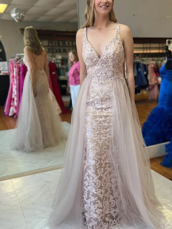 Unmissable Offer casual day dresscasual day dressV Neck Backless Mermaid Champagne Lace Long Prom Dresses, Champagne Lace Formal Graduation Evening Dresses SP3078