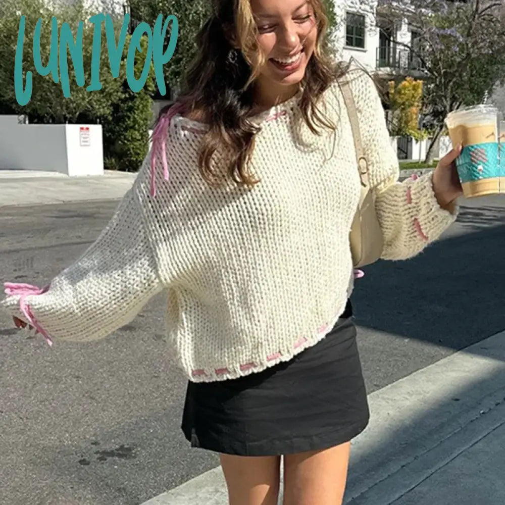 Super Bargain Lunivop Long Sleeve Loose Knitted Sweater For Women Contrast Color Drawstring Hollow Out Pullover Sweater Top Y2K Autumn New