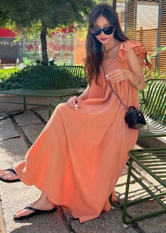 Deal of the Day off-shoulder dressoff-shoulder dressWomen Orange Square Collar Oversized Cotton A Line Dresses Butterfly Sleeve