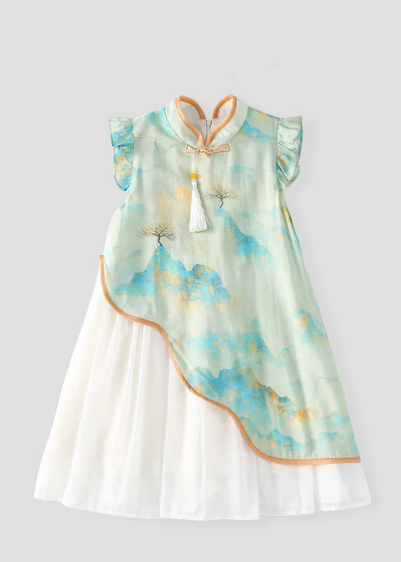 velvet dressCute Green Stand Collar Chiffon Patchwork Kids Chiffon Maxi Dress Short Sleeve