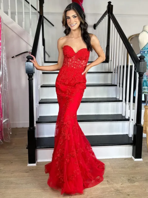 Final Markdown pleated maxi dresspleated maxi dressStrapless Mermaid Red Lace Long Prom Dresses, Red Lace Formal Dresses, Mermaid Red Evening Dresses SP2604