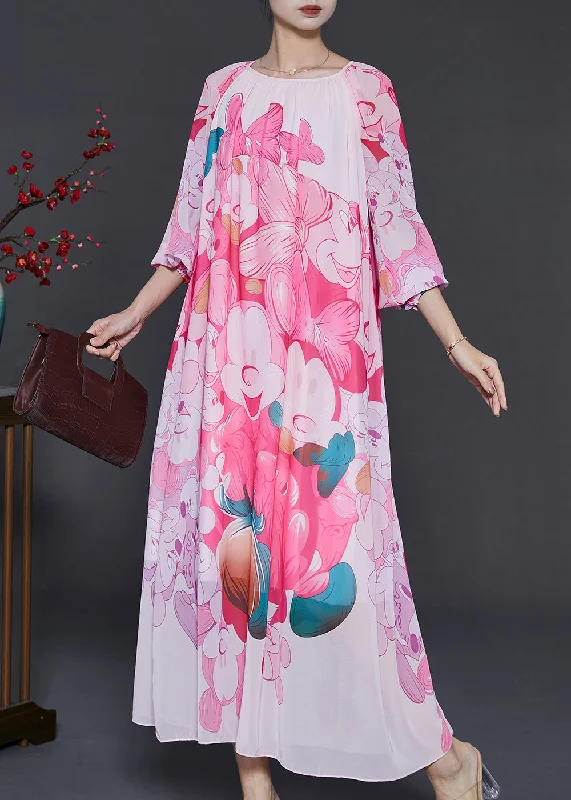 casual summer dressBeautiful Pink Oversized Print Chiffon Long Dress Summer