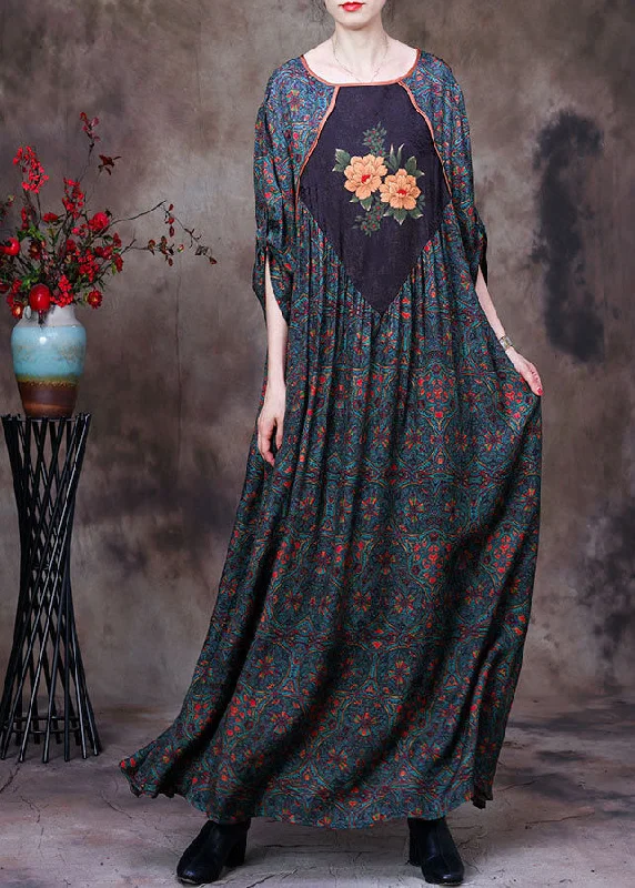 lace-up dressPlus Size Green O-Neck Patchwork Print Exra Large Hem Silk Maxi Dresses Long Sleeve