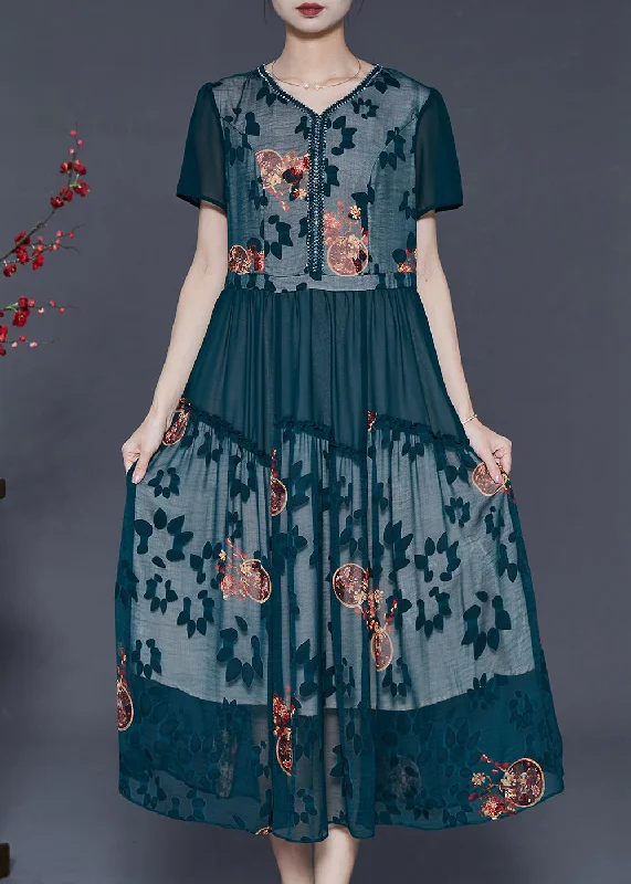 evening dressModern Green Ruffled Patchwork Print Chiffon Dresses Summer