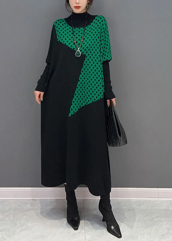 Daily Deals casual dresscasual dressBoutique Black Hign Neck Dot Patchwork Knit Dresses Winter
