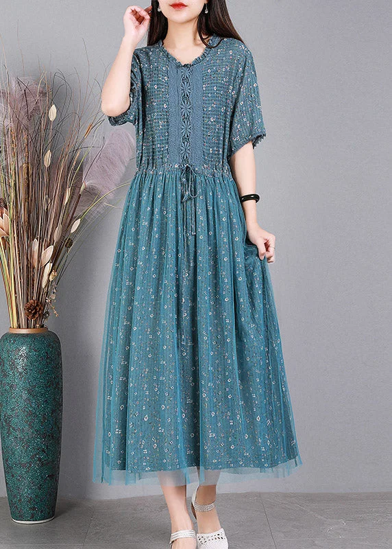 casual shift dressStyle Blue Embroideried Floral Ruffles Tulle Long Dresses Short Sleeve