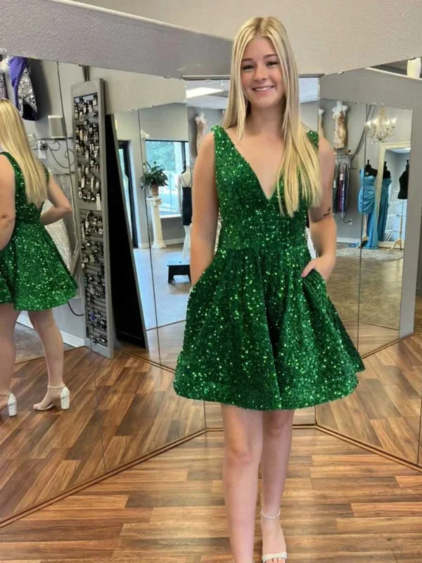 Season Finale Sale off-the-shoulder dressoff-the-shoulder dressShiny Sequins V Neck Green Prom Dresses, Short Green Homecoming Dresses, Green Formal Evening Dresses SP2491