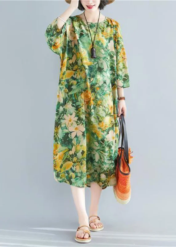 Limited Availability romantic dressromantic dressPlus Size Green O-Neck Print Linen Robe Dresses Bracelet Sleeve