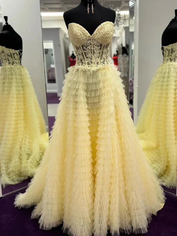 Limited Quantity luxury dressluxury dressStrapless Yellow/Blue Lace Long Prom Dresses, Open Back Yellow/Blue Formal Dresses, Yellow/Blue Lace Evening Dresses SP2807
