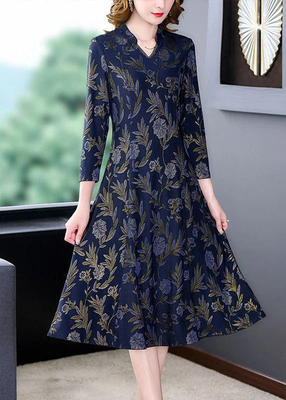 stylish dressFashion Navy V Neck Print Slim Fit Long Dresses Bracelet Sleeve