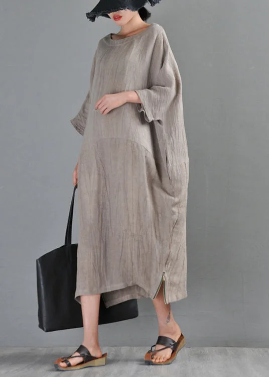 cocktail dressUnique Linen Colour O-Neck Zip Up Side Open Linen Long Dresses Half Sleeve