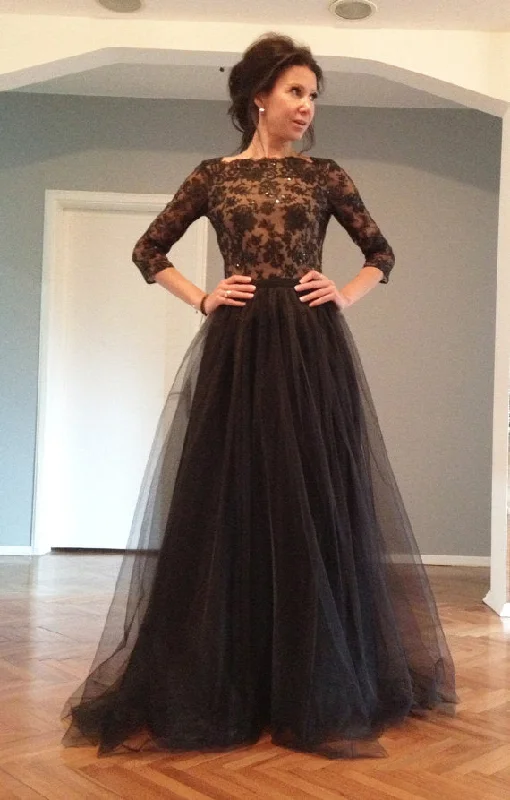 Early Access sleeveless dresssleeveless dressLong V-back Black Tulle and Lace Evening Party Dress