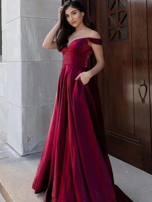 The Best Prices midi dressmidi dressOff Shoulder Burgundy Velvet Long Prom Dresses with Pocket, Long Burgundy Formal Graduation Evening Dresses SP2650